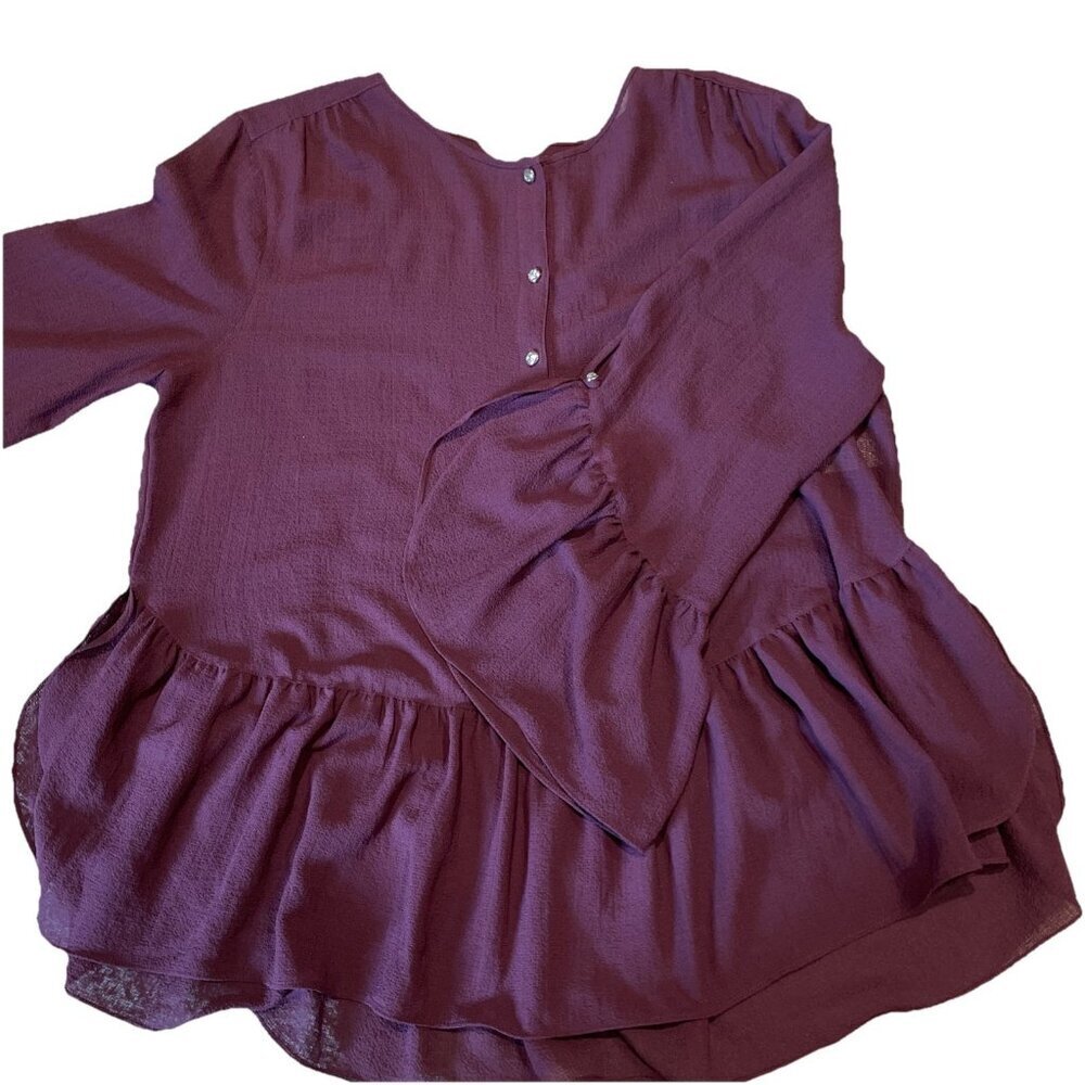Max Studio Peplum Top Blouse Women's L Burgundy Bell Sleeve Glam Castlecore